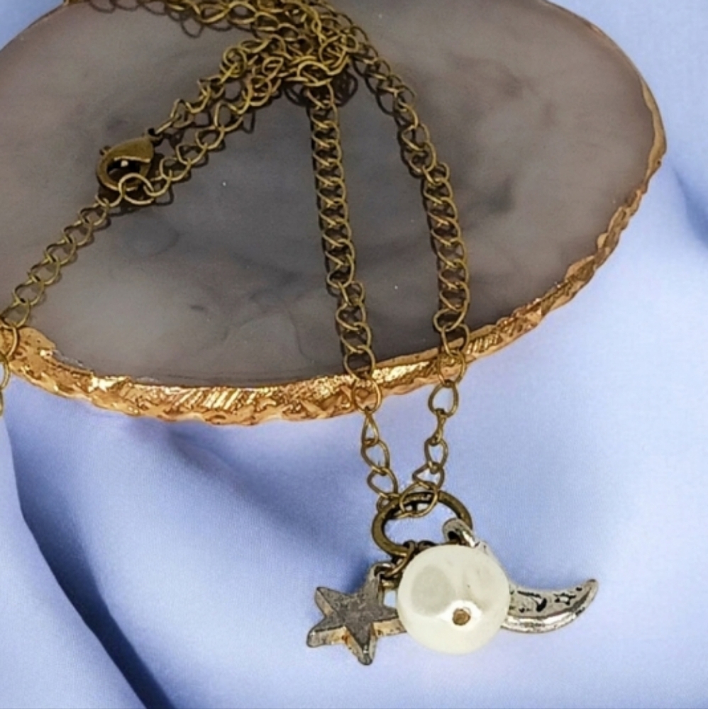 Antique look Star Moon & Pearl Charm Necklace Antique Gold Grunge Celestial
